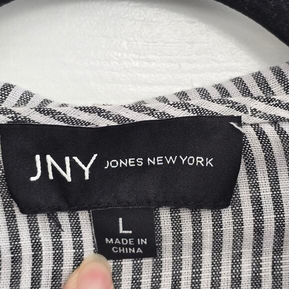 JNY Linen Blend Hooded Tunic Jacket Sz L Black White Striped Coastal Oversized - Picture 4 of 9